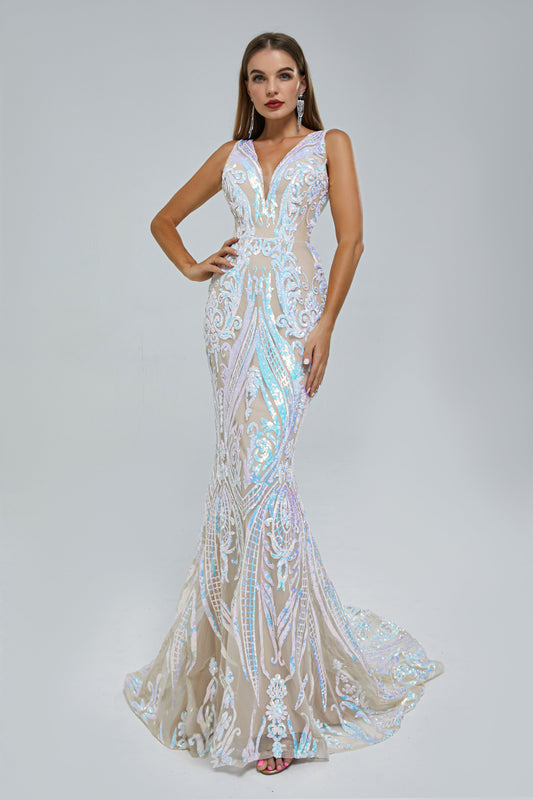 Gorgeous V-Neck Sleeveless Prom Dress Sequins Mermaid Long