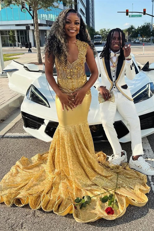 Modern Gold Sleeveless Prom Dress Mermaid Long With Lace Beadings