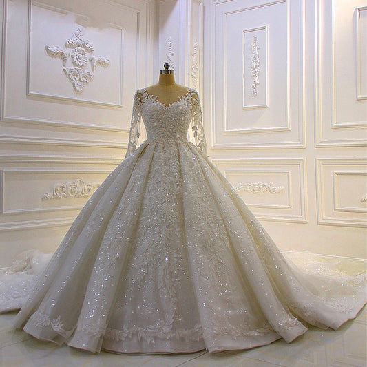 Elegant Long Wedding Dress with Beading, Lace Appliques, and Church Train Sleeves