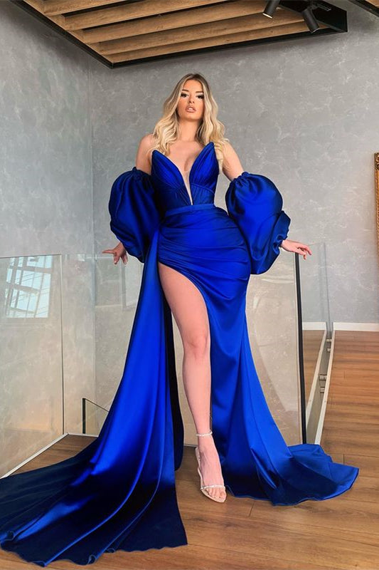 Amazing Royal Blue Removable Sleeves Mermaid Prom Dress With Slit