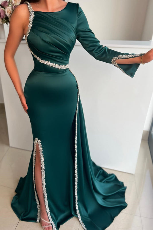 Modern Dark Green Long Sleeves Prom Dress Mermaid With Beads