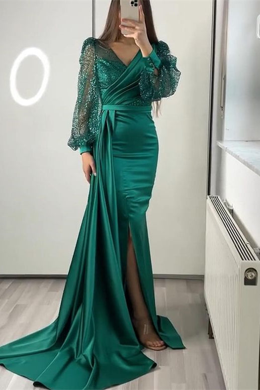 Classy Long Sleeves V-Neck Mermaid Prom Dress Long With Ruffles Sequins