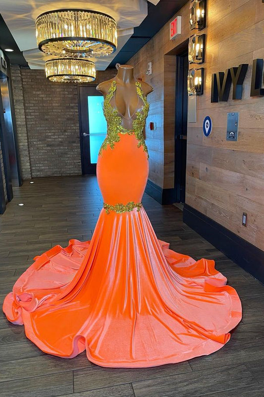 Modern Orange Halter Mermaid Prom Dress Backless With Appliques
