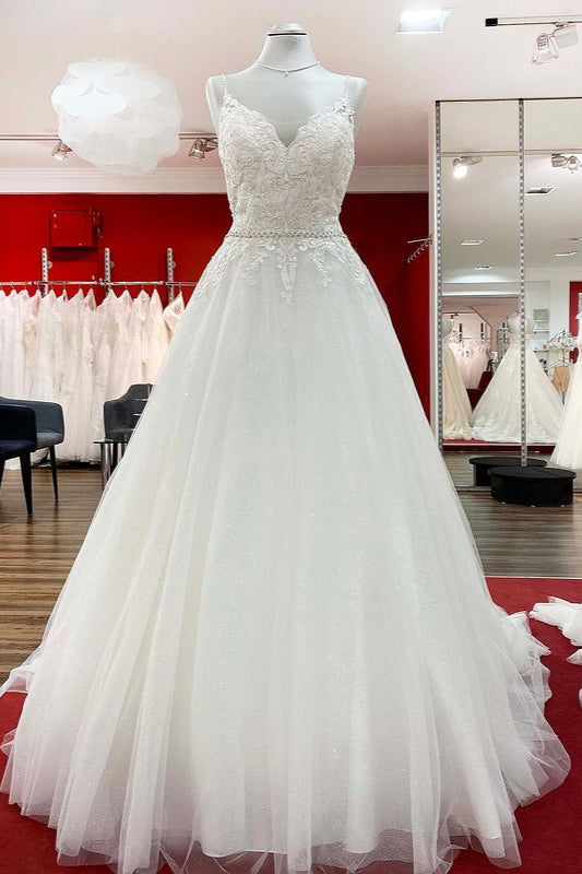 Elegant Long A-line Wedding Dress with V-neck, Spaghetti Straps, and Lace Ruffles