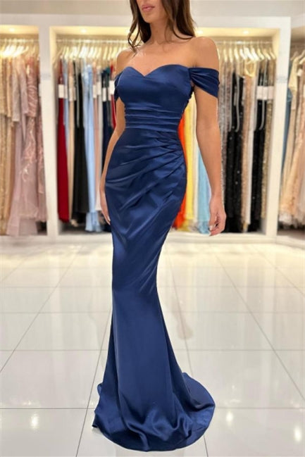 Classy Off-the-Shoulder Navy Blue Prom Dress Mermaid Long