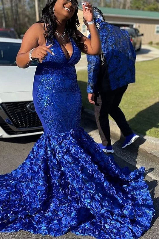 Modern Royal Blue V-Neck Mermaid Prom Dress With Flowers Bottom Sleeveless