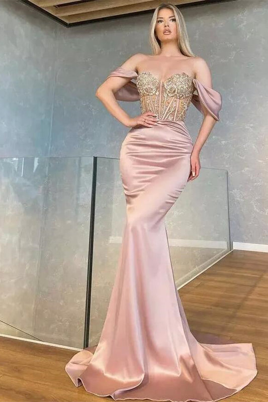 Glorious Dusty Pink Of-the-Shoulder Mermaid Prom Dress Slit With Beadings