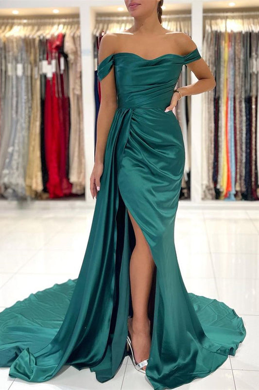 Gorgeous Dark Green Off-the-Shoulder Mermaid Prom Dress Ruffles With Slit