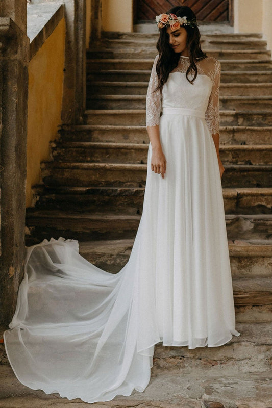 Boho Wedding Gown in Long Chiffon with Lace