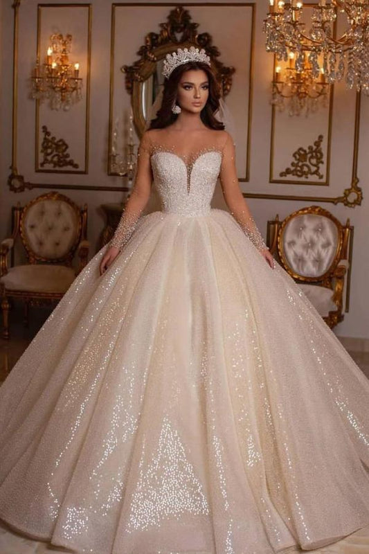 Elegant Sweetheart Long Sleeve Ball Gown Wedding Dress
