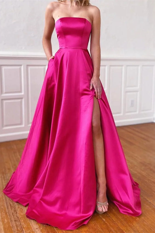 Fabulous Fuchsia Strapless Prom Dress With Pockets Side Split