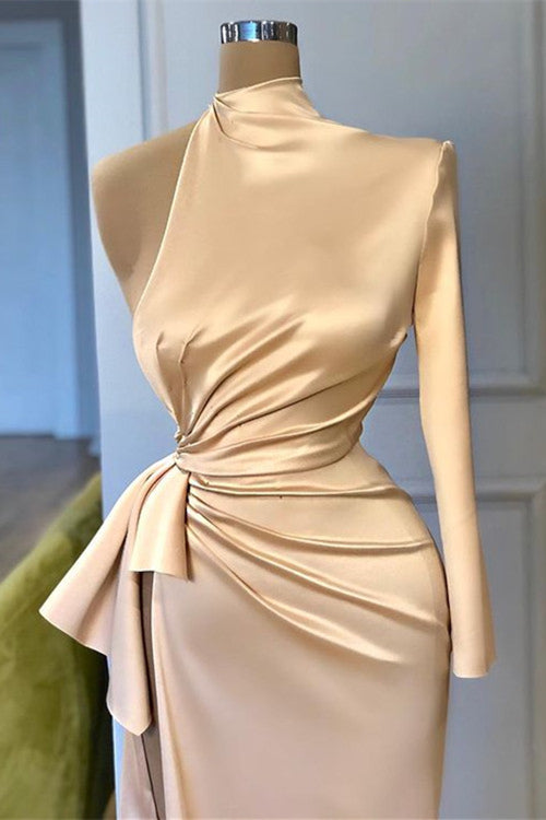 Champagne High Neck Long Sleeves Mermaid Prom Dress Split
