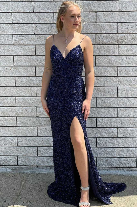Modern Dark Navy Spaghetti-Straps Prom Dresses Sequins Mermaid With Split