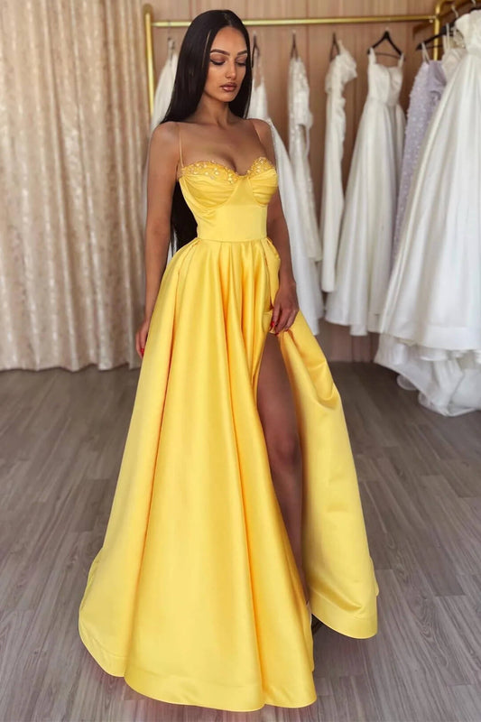 Gorgeous Yellow Prom Dress Slit Long With Sequins Spaghetti-Straps