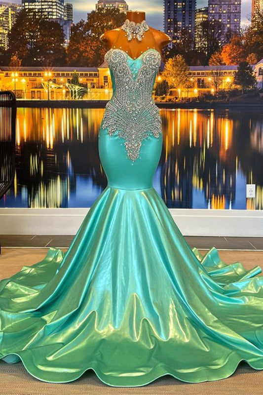 Classic Mint Green High Neck Prom Dress Mermaid With Crystals Sleeveless