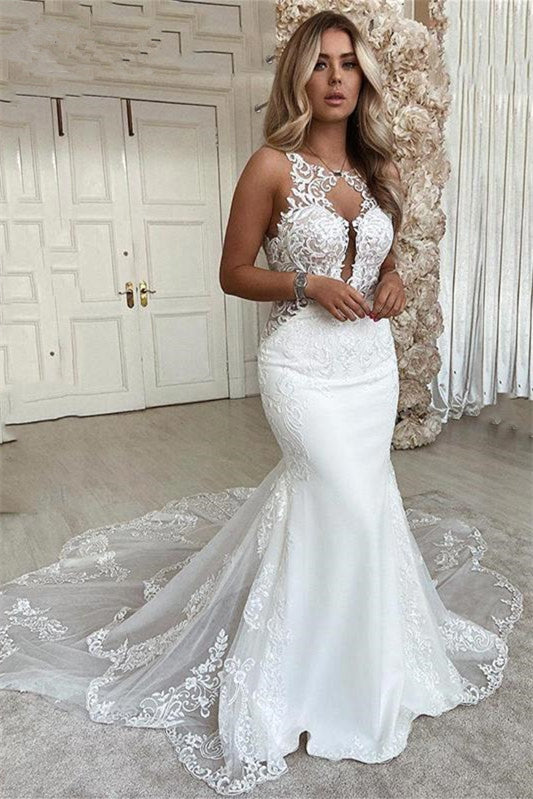Mermaid Wedding Dress With Lace Appliques and Sleeveless Long Design