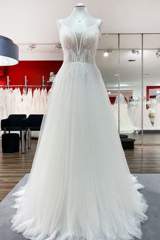 Elegant A-line Wedding Dress with V-neck, Sequins, Tulle Ruffles, and Backless Design