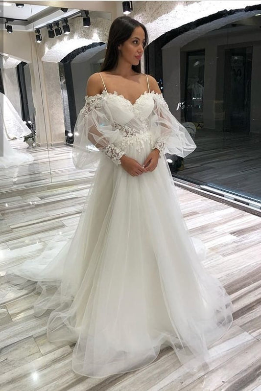 Elegant Off-the-Shoulder Spaghetti-Strap A-Line Wedding Gown with Lace Appliques and Tulle Long Sleeves