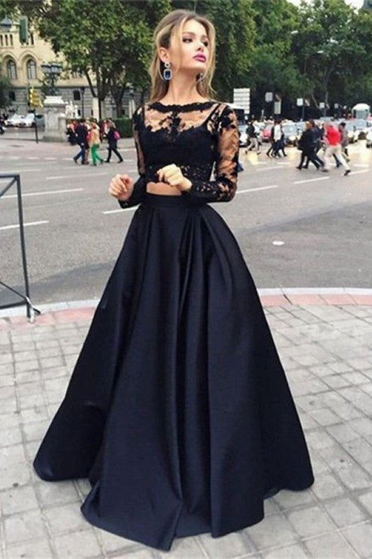 Fabulous Long Sleeves Black Lace Prom Dress Two Pieces