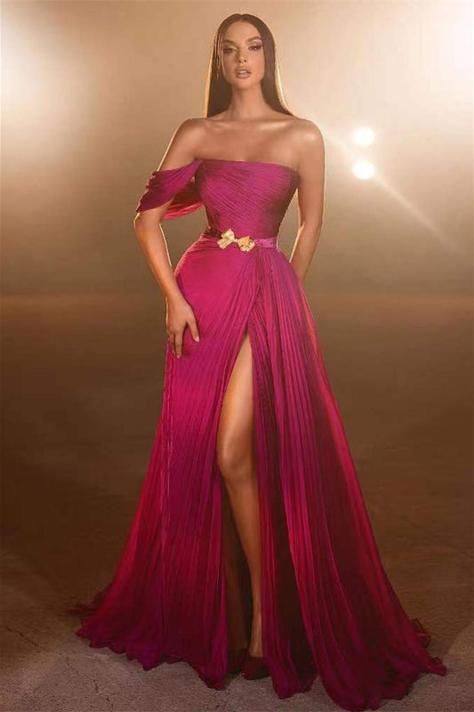 Chic Fuchsia Off-The-Shoulder Strapless Mermaid Prom Dress With Split