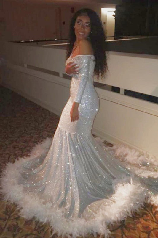 Gorgeous Long Sleeves Off-the-Shoulder Sequins Prom Dress With Feather