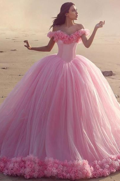 Pink Sweetheart Bridal Gown with Shiny Off-Shoulder Neckline and Rose Appliques