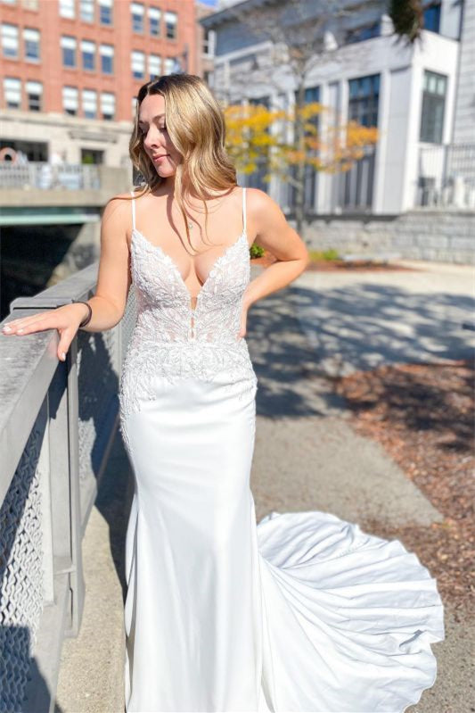 Mermaid Wedding Dress with Applique and Spaghetti Straps