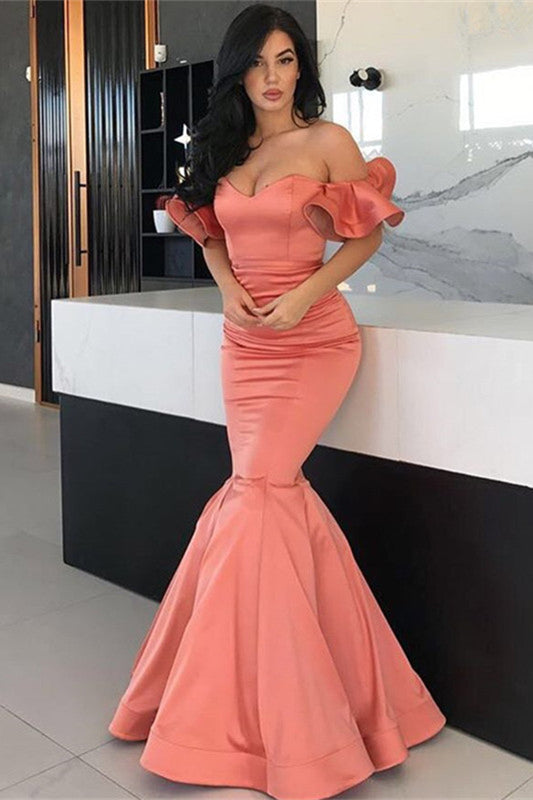 Amazing Coral Off-the-Shoulder Mermaid Prom Dress Long