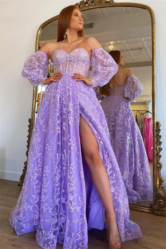 Classic Lilac Sweetheart Prom Dress Split With Appliques Detachable Sleeves
