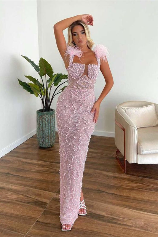 Classic Pink Straps Prom Dress Mermaid Pearls Beads With Feather