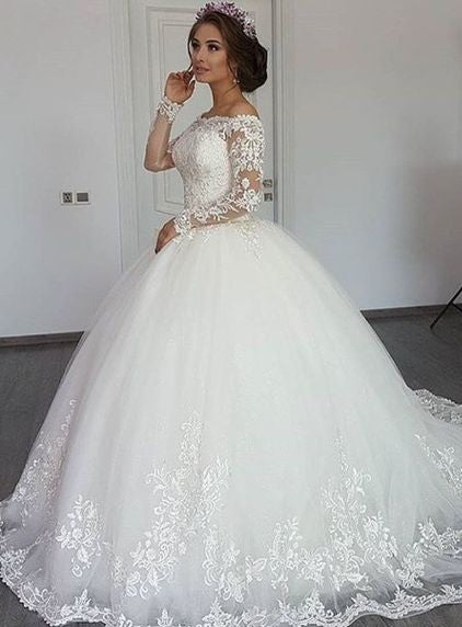 Elegant Off-the-Shoulder Ball Gown with Long Sleeves and Lace Appliques