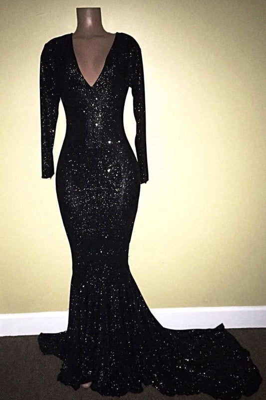 Modern Black Sequins Long Sleeves Prom Dress Mermaid V-Neck