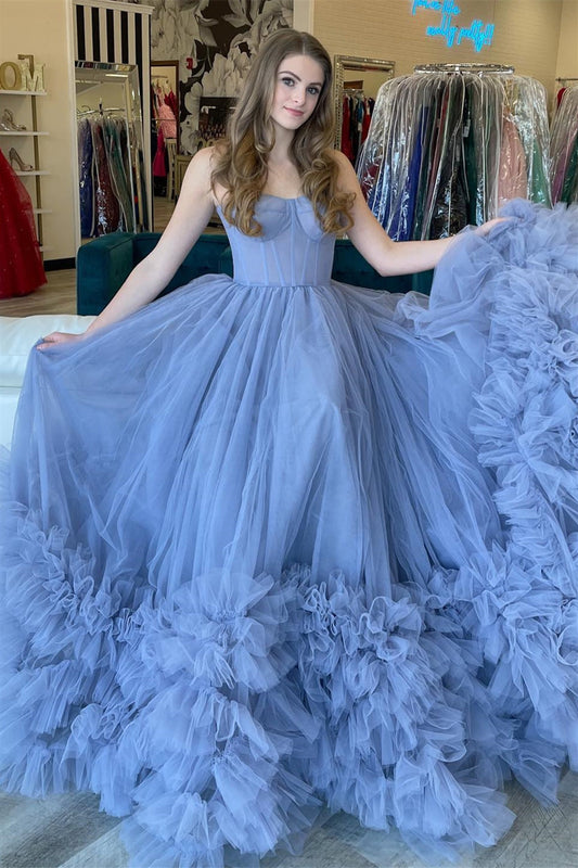 Modern Dusty Blue Strapless Ball Gown Prom Dress With Tulle Ruffles