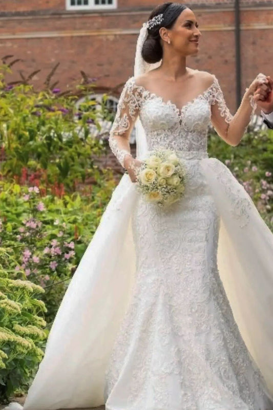 Elegant Off-the-shoulder Mermaid Wedding Dress with Long Sleeves and Lace
