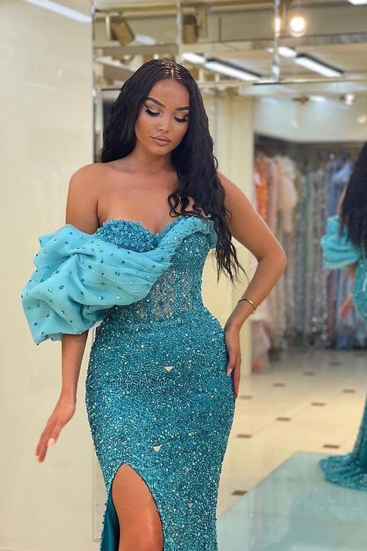 Glorious One Shoulder Blue Mermaid Prom Dress High Split With Beads
