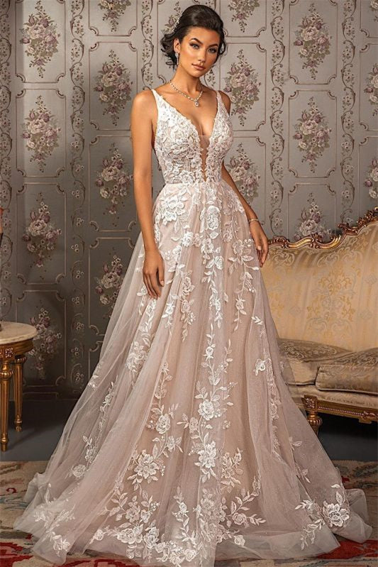 A-Line Wedding Dress with V-Neck and Sleeveless Tulle Lace Appliques