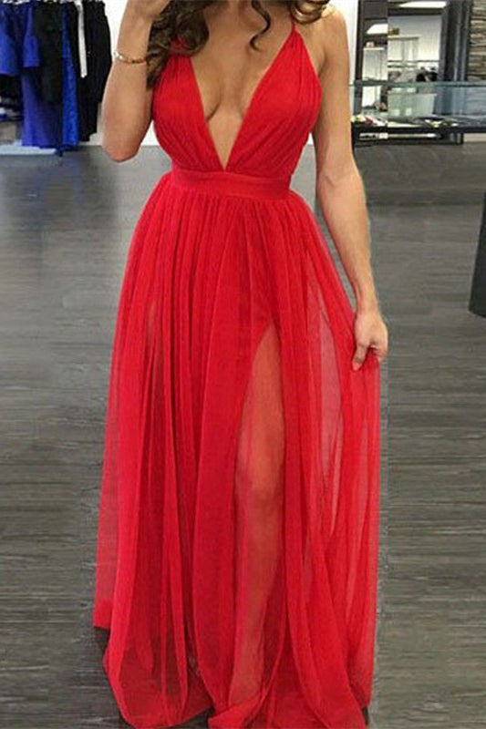 Gorgeous Red Deep V-Neck Long Prom Dress Tulle With Slit