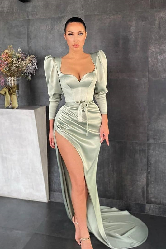 Amazing Long Sleeves Mermaid Prom Dress Sweetheart Dusty Sage Evening Gown With Slit
