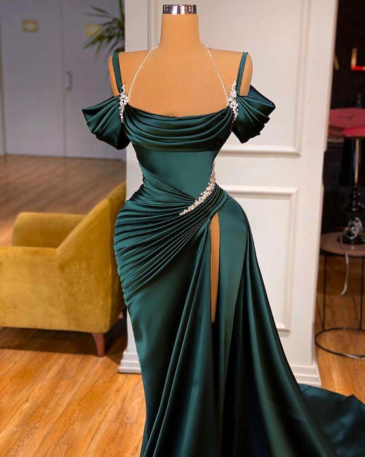 Gorgeous Dark Green Off-the-Shoulder Long Prom Dress With Slit Beadings
