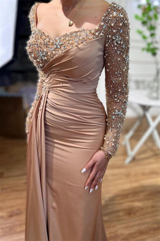 Chic Sweetheart Long Sleeves Mermaid Prom Dress With Sequins Pearls