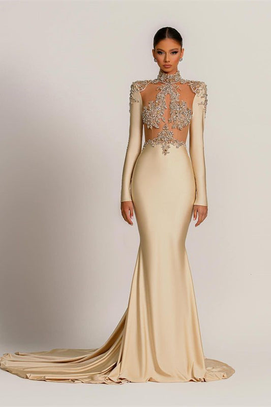 Chic Long Sleeves High Neck Prom Dresses Mermaid With Beads Crystal