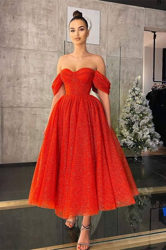 Modern Off-the-Shoulder Red Sequins Prom Dress Tea-Length