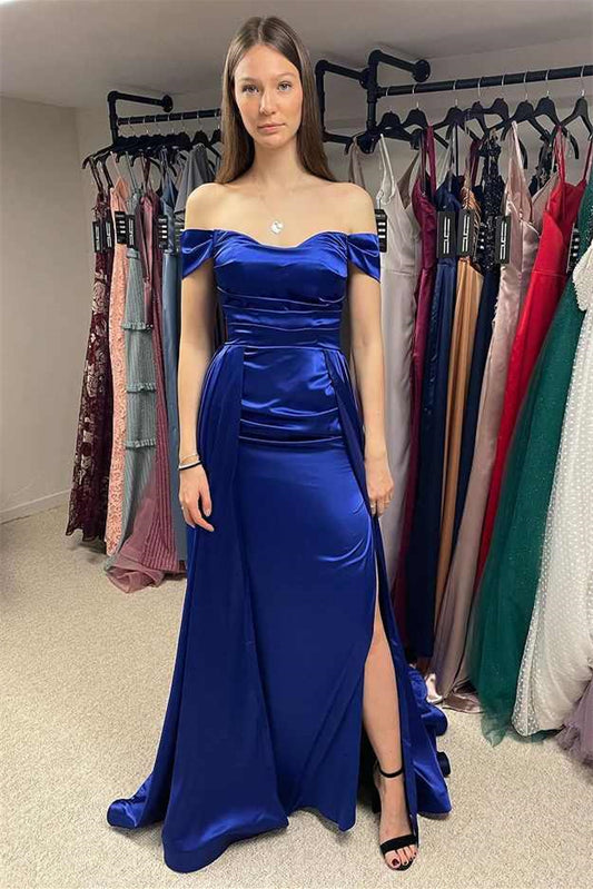 Modern Royal Blue Off-the-Shoulder Mermaid Prom Dress With Split Ruffle