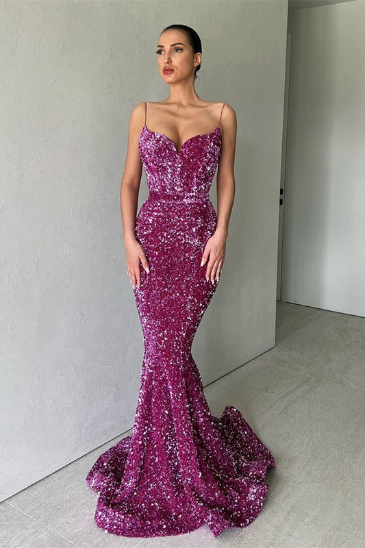 Classy Spaghetti-Straps Mermaid Sequins Prom Dress Long