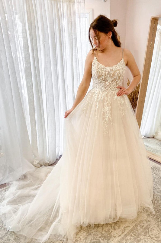 Long A-line Halter Wedding Dress in Tulle with Elegant Lace