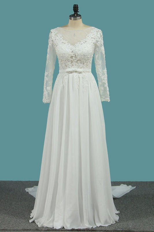 Elegant A-Line Chiffon Wedding Gown with Long Sleeves and Ruffles