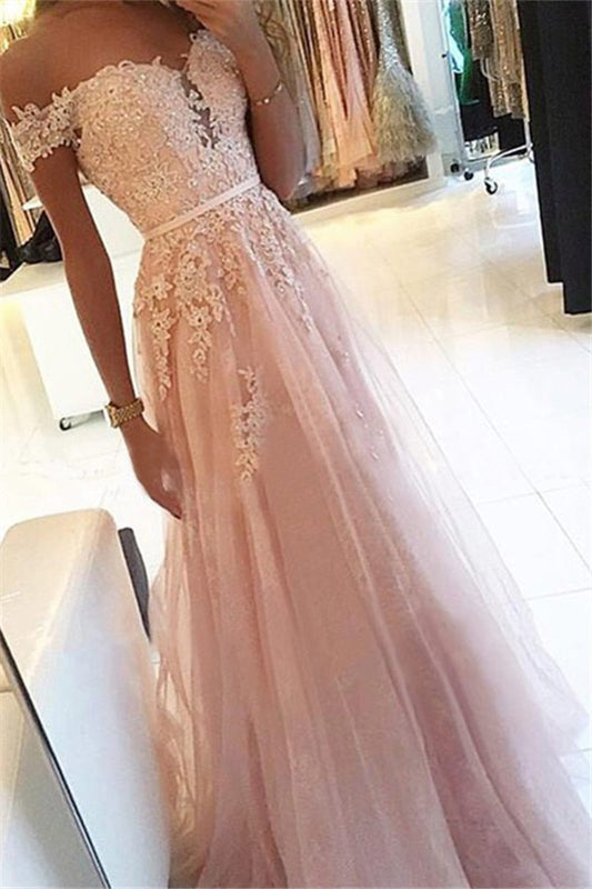 Gorgeous Off-the-Shoulder Lace Appliques Prom Dress Tulle Long Party Gowns