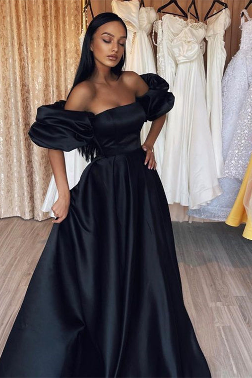 Gorgeous Off-the-Shoulder Bubble Sleeves Black Prom Dress Princess Long