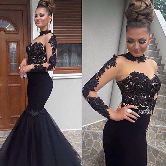 Gorgeous Long Sleeves Black High Neck Prom Dress Mermaid WIth Lace Appliques