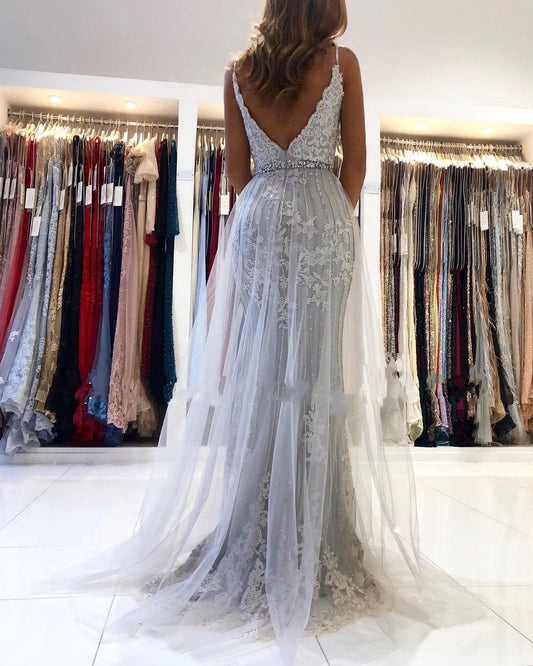 Elegant Spaghetti-Straps Sweetheart Lace Tulle Prom Dress With Appliques